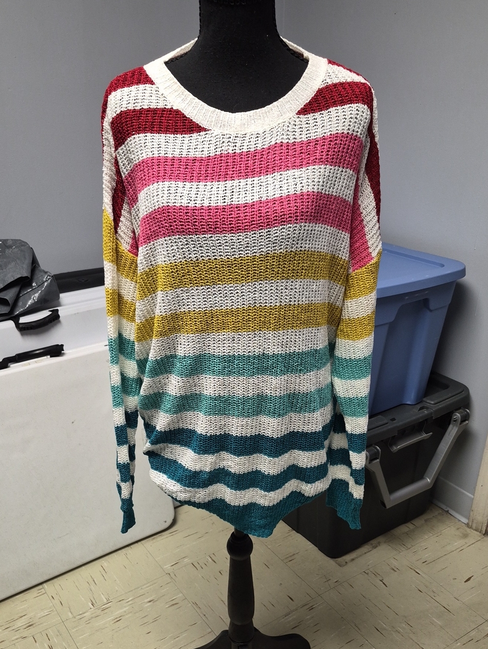 MACARON Multicolor Striped Scoop-Neck Open Knit Sweater